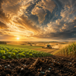 Campos de soja e milho no Brasil ao entardecer, simbolizando o papel do agro na segurança alimentar global em cenário de conflitos e escassez de fertilizantes.