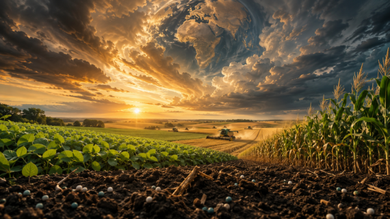 Campos de soja e milho no Brasil ao entardecer, simbolizando o papel do agro na segurança alimentar global em cenário de conflitos e escassez de fertilizantes.