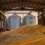 Armazém de grãos de milho com silos metálicos ao fundo — essencialidade do grão na recuperação judicial rural