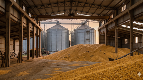Armazém de grãos de milho com silos metálicos ao fundo — essencialidade do grão na recuperação judicial rural