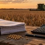 Apoio à renda ou endividamento: contratos de crédito rural, calculadora e grãos de soja diante de lavoura com colheitadeira ao entardecer