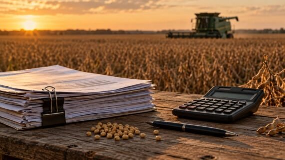 Apoio à renda ou endividamento: contratos de crédito rural, calculadora e grãos de soja diante de lavoura com colheitadeira ao entardecer